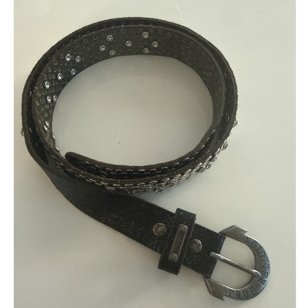 True Religion Leather Studded Crystal Belt Horseshoe Buckle Y2K women Size 28